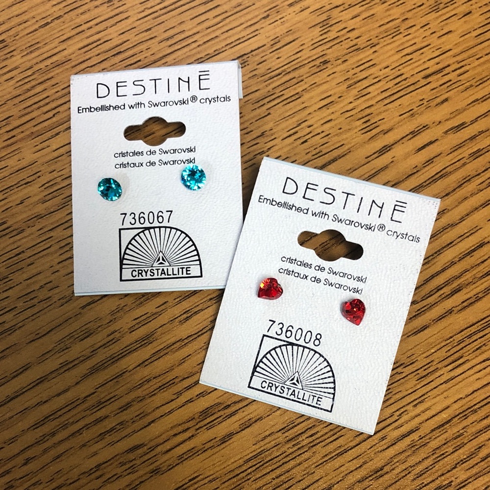 Swarovski Crystal Heart (red) & Round (blue green) Stud Earring Set from Sally’s